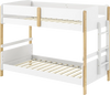Twin over twin bunk bed in white with integrated ladder, convertible to two twin beds for versatile sleeping.