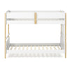 Twin over twin bunk bed in white with integrated ladder, convertible to 2 twin beds, ideal for home or dorm use.