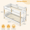 Twin over twin bunk bed dimensions with integrated ladder, solid rubber wood frame, convertible to two twin beds.