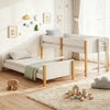Twin over twin bunk bed in white, convertible to two twin beds, featuring solid rubber wood frame and integrated ladder.