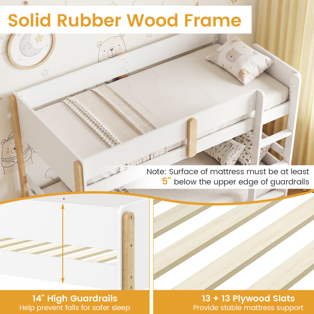 Twin over twin bunk bed with solid rubber wood frame, 14" guardrails, and integrated ladder for safe climbing.