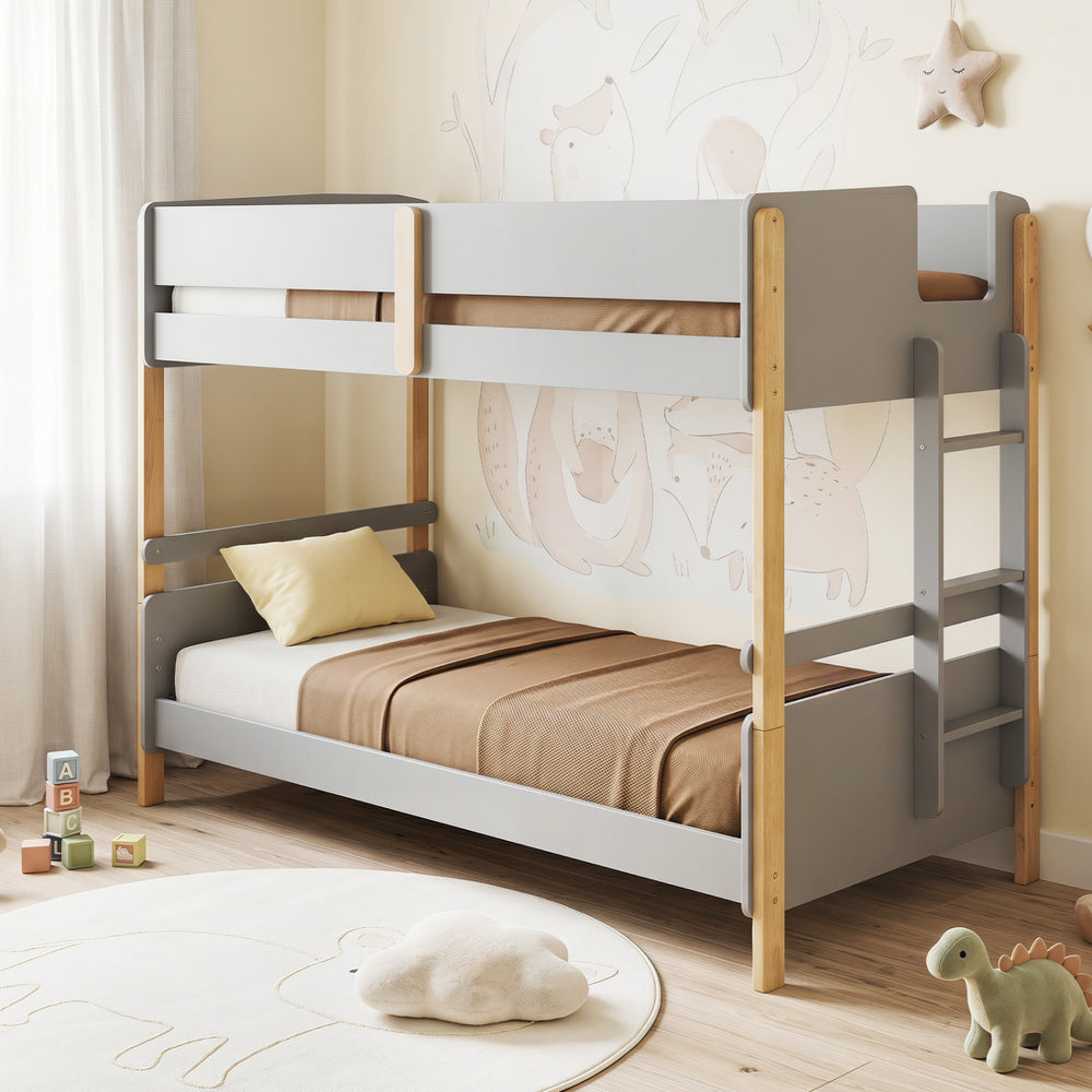 Twin Over Twin Bunk Bed with Ladder Convertible to 2 Twin Beds Toddler Wood Bunk Bed-Grey - Gallery View 1 of 10
