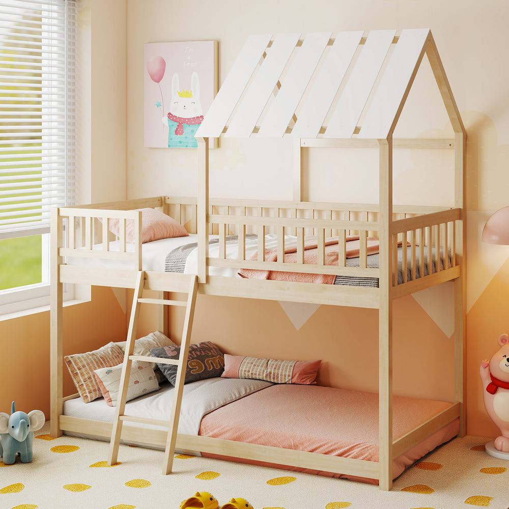 Twin Over Twin House Bunk Bed with Roof and Full-length Guardrails for Kids Teens Boys Girls-Natural - Gallery View 1 of 10