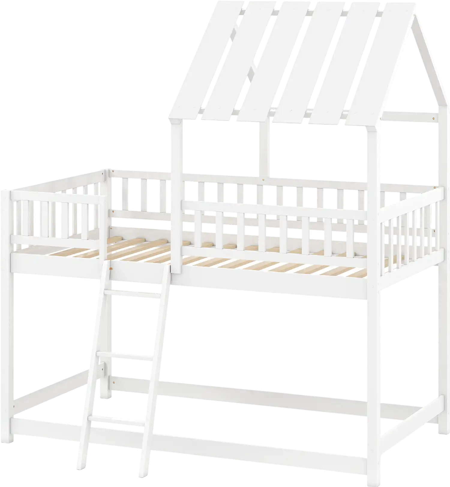 Costway Twin Over Twin House Bunk Bed w/ Roof Guardrails 28215848 New