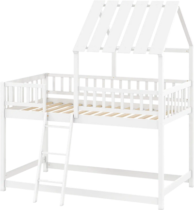 Costway Twin Over Twin House Bunk Bed w/ Roof Full-Length Guardrails 28215848 New
