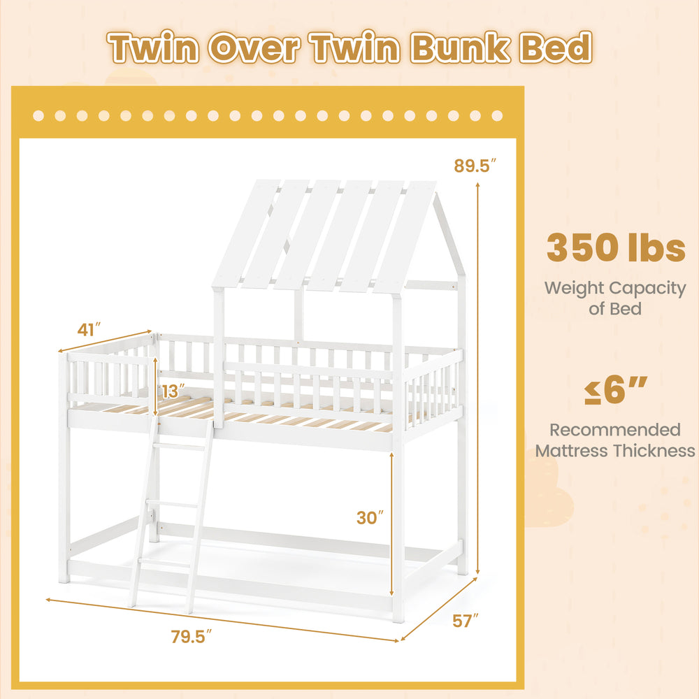Twin over twin house bunk bed in white with a unique design, featuring 14 wooden slats for sturdy support and safety.