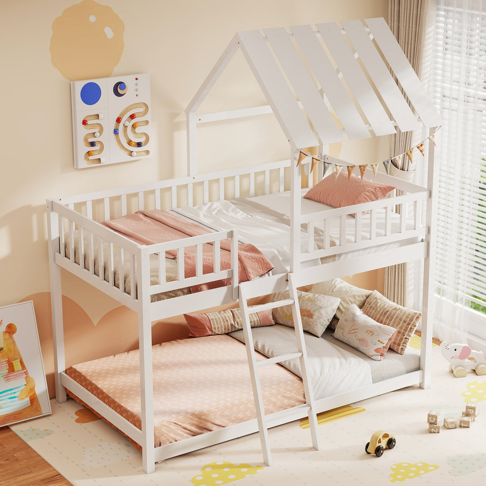 Twin over twin house bunk bed in white with roof, featuring full-length guardrails and a sturdy ladder for kids' safety.