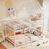 Twin over twin house bunk bed in white with roof, featuring full-length guardrails and a sturdy ladder for kids' safety.