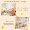 Twin over twin house bunk bed in white with roof, full-length guardrails, and versatile dual layer design for kids.