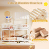 Twin over twin house bunk bed in white with solid wood frame, 14 slats, and full-length guardrails for kids' safety.
