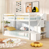 Twin over twin low bunk bed in white with storage stairs and open compartments for organized kids' room.