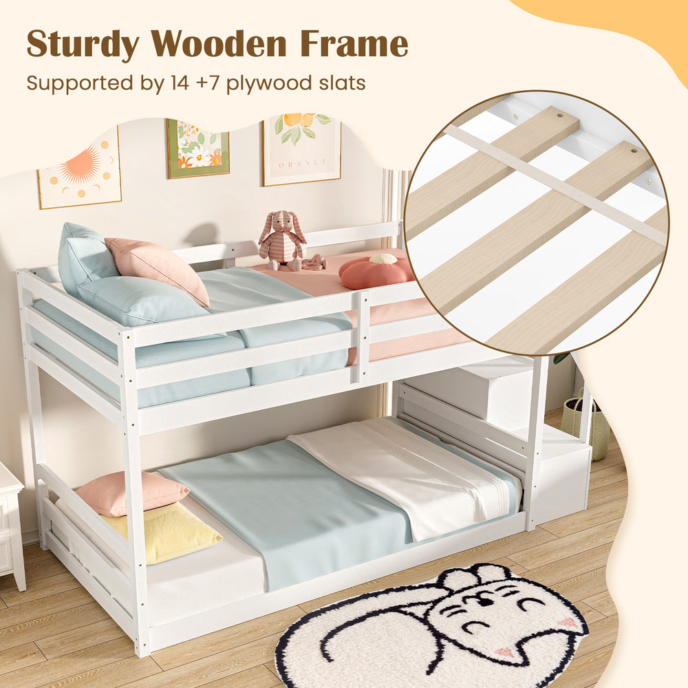Twin over twin low bunk bed in white with storage stairs and sturdy wooden frame, ideal for kids' rooms and.