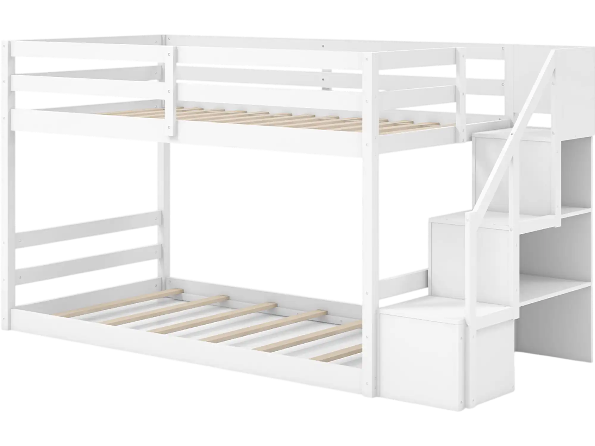 Costway Twin Over Twin Low Bunk Bed Frame w/ Storage Stairs Solid Wood 19238654 New