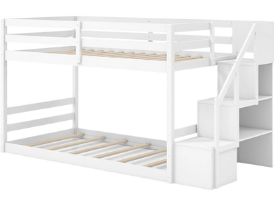 Costway Twin Over Twin Low Bunk Bed w/ Storage Stairs Solid Wood Frame 19238654 New