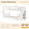 Twin over twin low bunk bed with storage stairs, solid wood frame, dimensions for kids' room organization and safety.