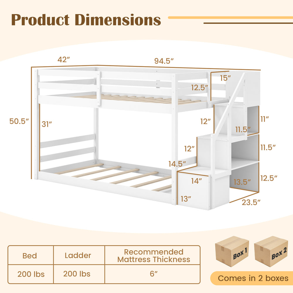 Twin over twin low bunk bed with storage stairs, solid wood frame, dimensions for kids' room organization and safety.