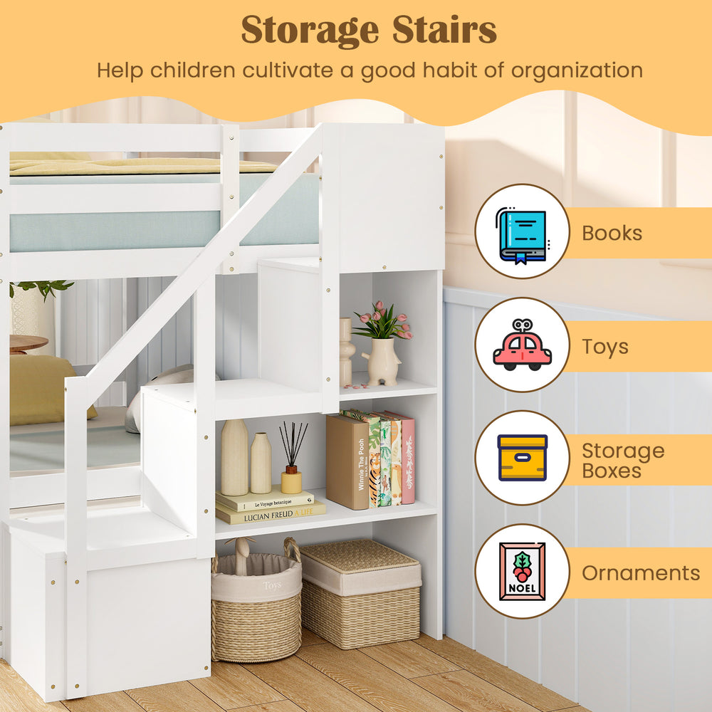 Storage stairs of a twin over twin low bunk bed in white, featuring compartments for books, toys, and storage boxes.