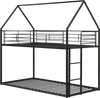 House-shaped twin over twin metal bunk bed in black with roof, ladder, and guardrails for safe sleeping.