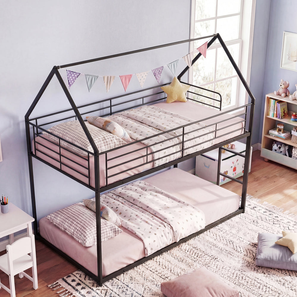 House-shaped twin over twin metal bunk bed in black with roof design, featuring guardrails and integrated ladder for.