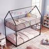 House-shaped twin over twin metal bunk bed in black with roof design, featuring guardrails and integrated ladder for.