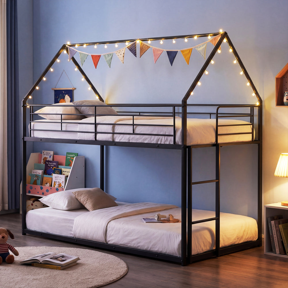 House-shaped twin over twin metal bunk bed in black with roof design and integrated ladder for kids' creative spaces.