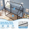 House-shaped twin over twin metal bunk bed in black with ladder and guardrails, designed for safety and creativity.