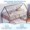 Twin over twin metal bunk bed with roof design, featuring full-length guardrails and integrated ladder for safe.
