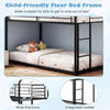 Child-friendly twin over twin metal bunk bed in black with roof, integrated ladder, and wide entrance for easy access.