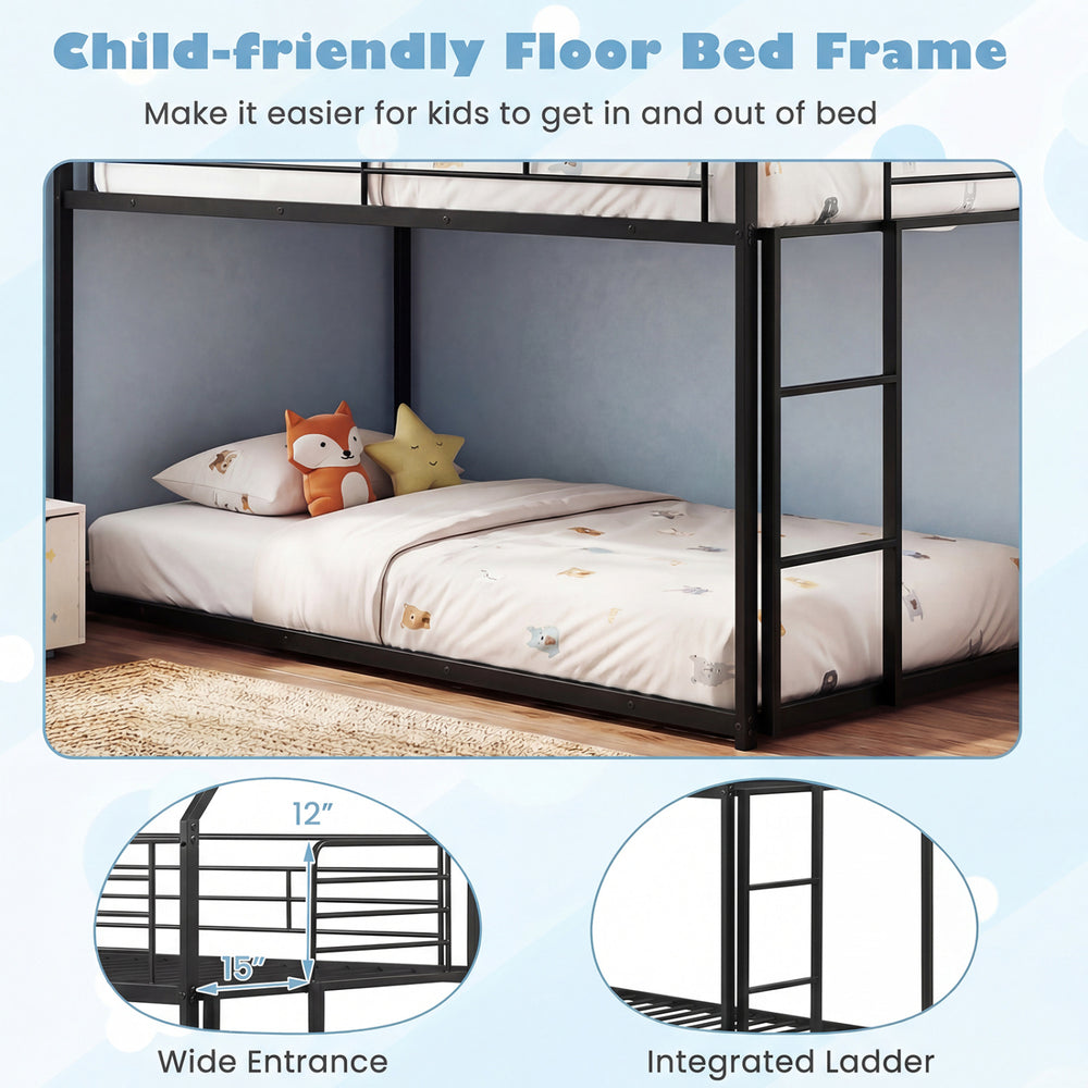 Child-friendly twin over twin metal bunk bed in black with roof, integrated ladder, and wide entrance for easy access.