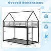 Twin over twin metal bunk bed with roof design, featuring dimensions and weight capacity for safe children's sleeping.