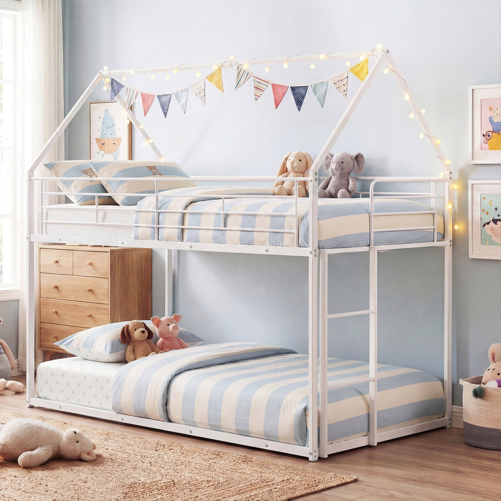 Twin Over Twin Metal Bunk Bed with Roof and Ladder-White - Gallery View 1 of 10