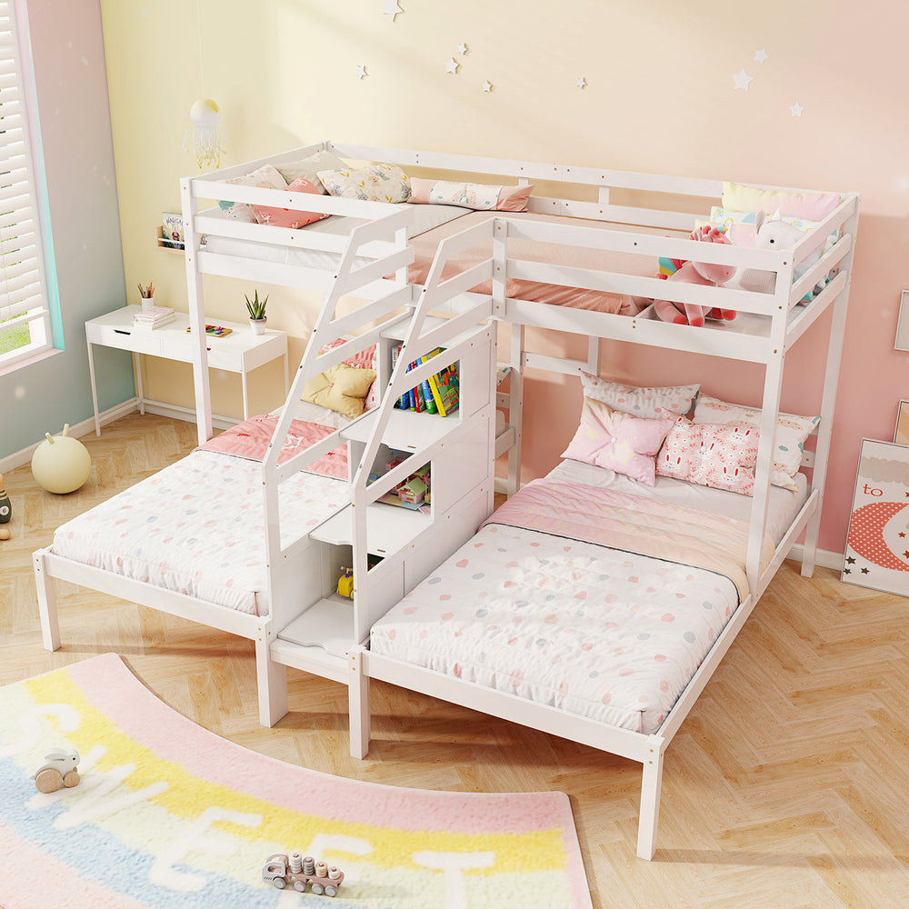 Twin Over Twin and Twin Bunk Bed with Storage Staircase and Guardrail for 3 Kids Teens-White - Gallery View 1 of 10