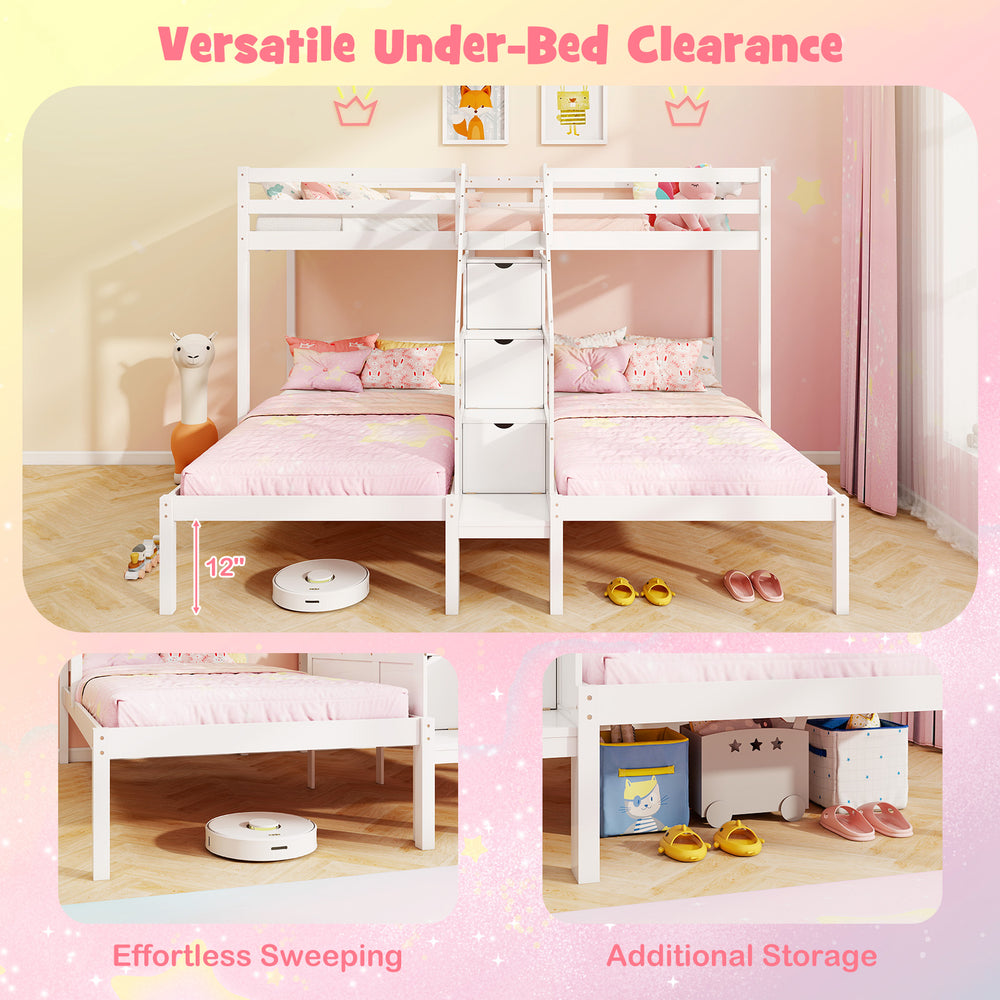 Twin over twin bunk bed in white with storage staircase, featuring guardrails and under-bed clearance for easy cleaning.