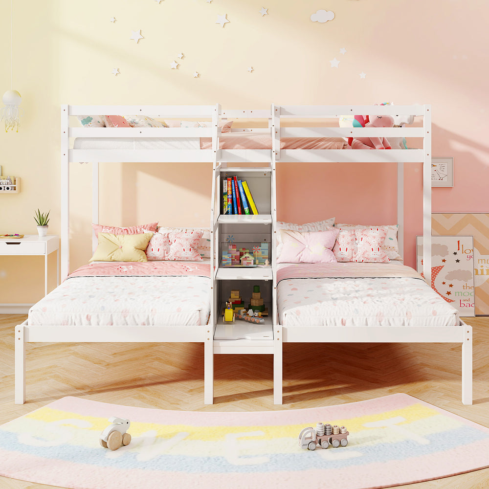 Twin over twin bunk bed in white with storage staircase and guardrails, ideal for three kids or teens.