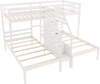 Twin over twin bunk bed in white with storage staircase and guardrails, designed for kids and teens.