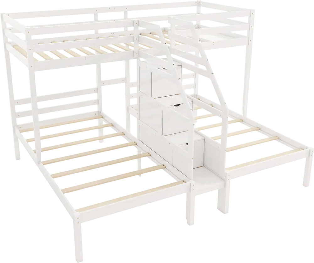 Twin over twin bunk bed in white with storage staircase and guardrails, designed for kids and teens.
