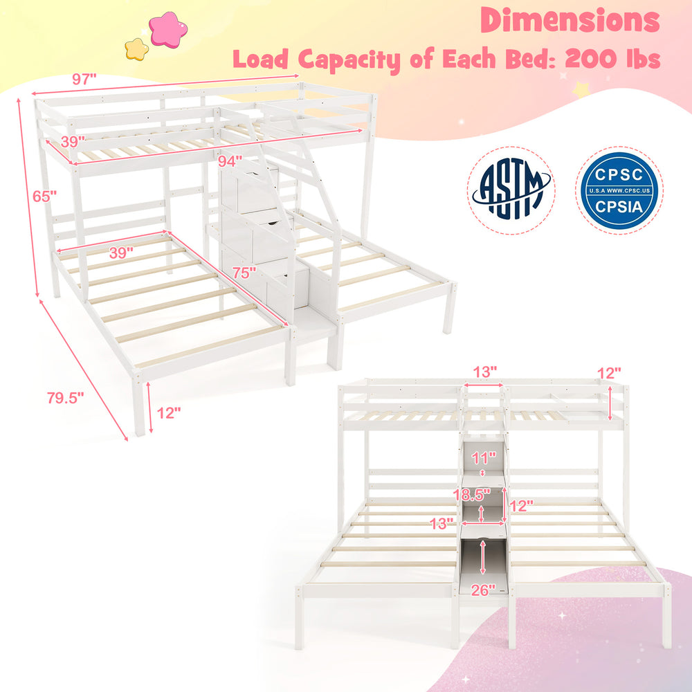 Dimensions of the Twin Over Twin Bunk Bed with storage staircase, featuring a solid wood structure and guardrails for.
