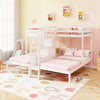 Twin over twin bunk bed in white with storage staircase and guardrails, perfect for kids' rooms and sleepovers.