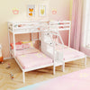 Twin over twin bunk bed in white with storage staircase and guardrails, designed for three kids in a colorful bedroom.