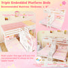 Triple bunk bed in white with storage staircase, guardrails, and space for three kids, ideal for safe sleeping.