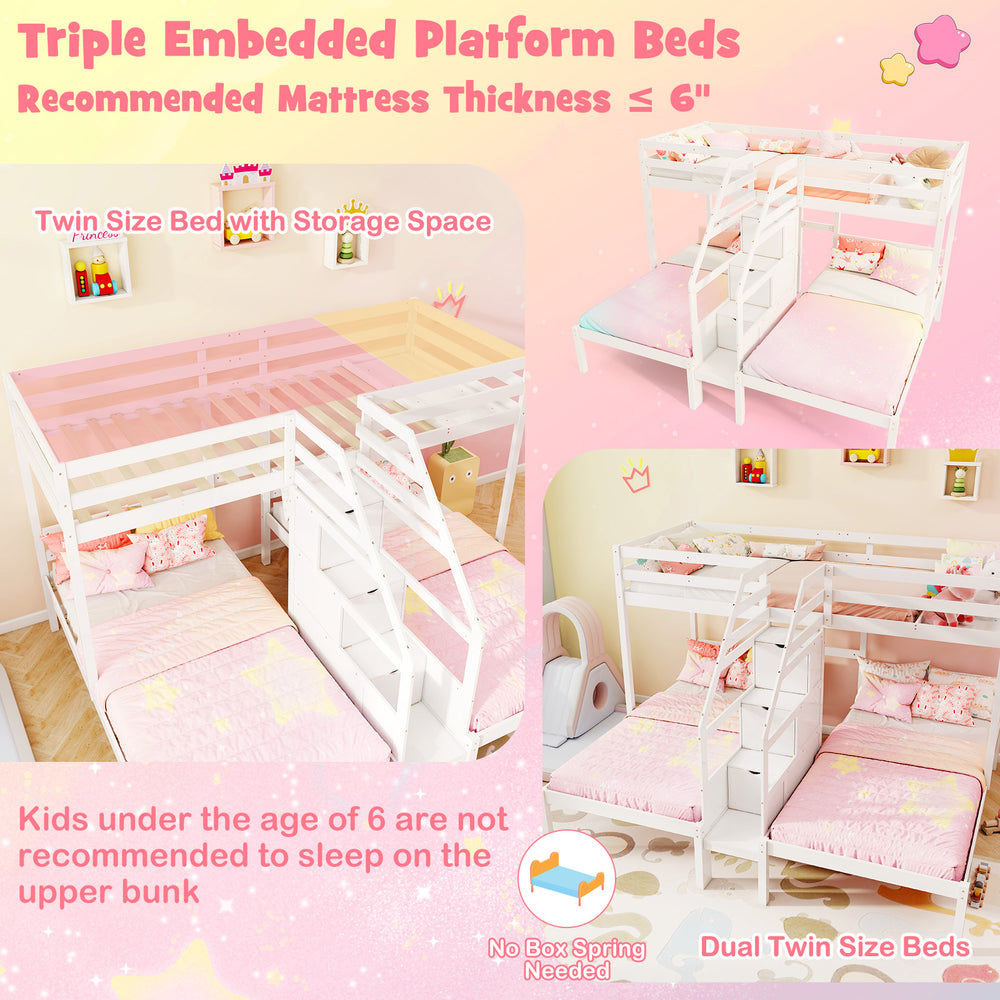 Triple bunk bed in white with storage staircase, guardrails, and space for three kids, ideal for safe sleeping.