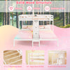 Twin over twin bunk bed in white with storage staircase, solid wood structure, and 12" high guardrails for safety.