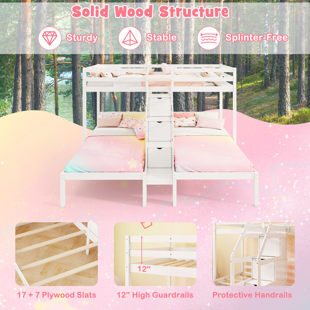 Twin over twin bunk bed in white with storage staircase, solid wood structure, and 12" high guardrails for safety.