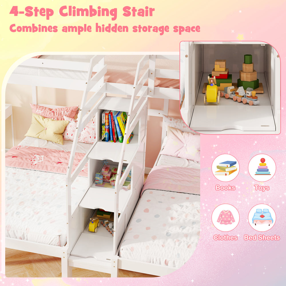 4-step climbing stair with hidden storage space on a twin over twin bunk bed in white for kids and teens.