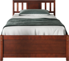 Twin size wooden platform bed with headboard in walnut finish, featuring slat support and retro design for elegant.