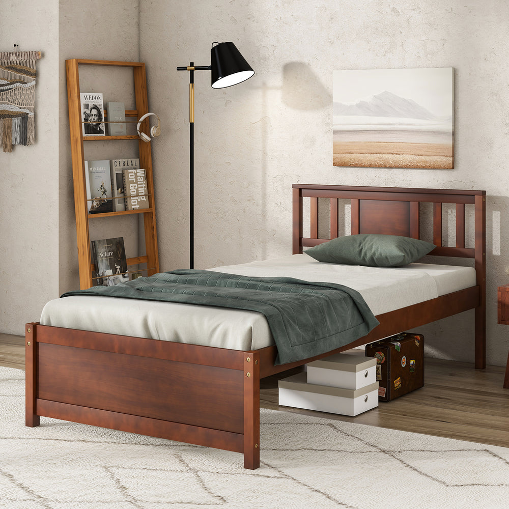 Twin size wooden platform bed with elevated design, walnut finish, and ample under-bed storage for added convenience.