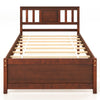 Twin size wooden platform bed with walnut finish, slatted support, and stylish headboard for elegant bedroom decor.
