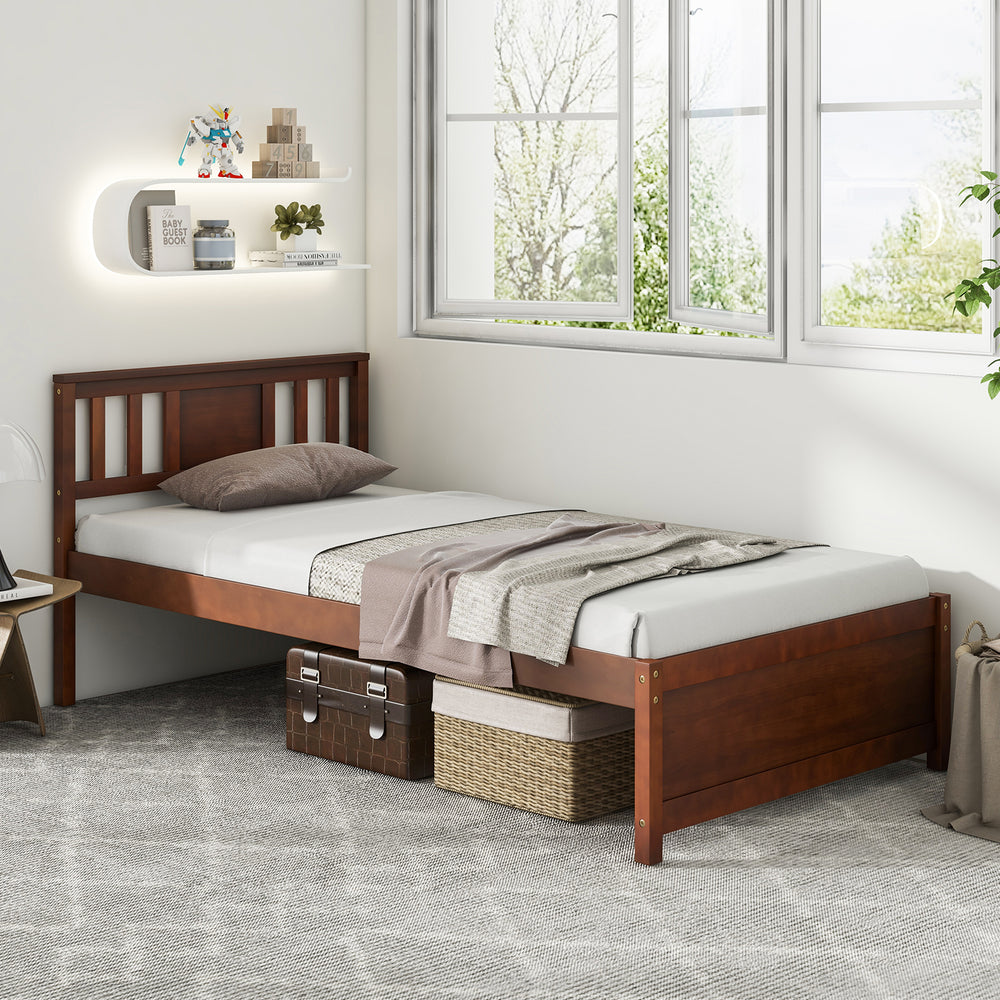 Twin size wooden platform bed with walnut finish, slatted support, and stylish headboard, perfect for any bedroom.
