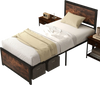 Twin size metal bed frame with high headboard, featuring industrial boards and under-bed clearance for easy cleaning.
