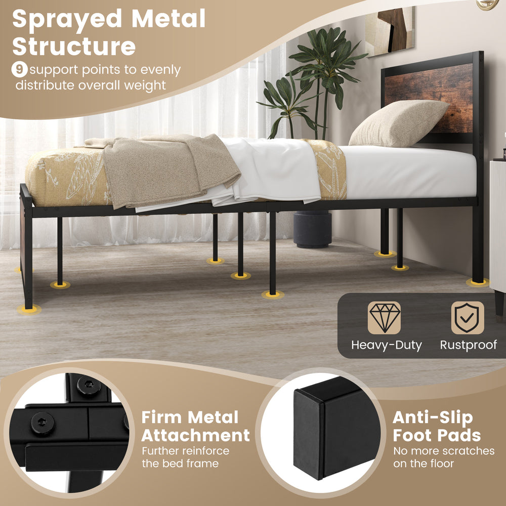 Twin size metal bed frame with high headboard, 9 support points, anti-slip foot pads, and mute bars for noise reduction.